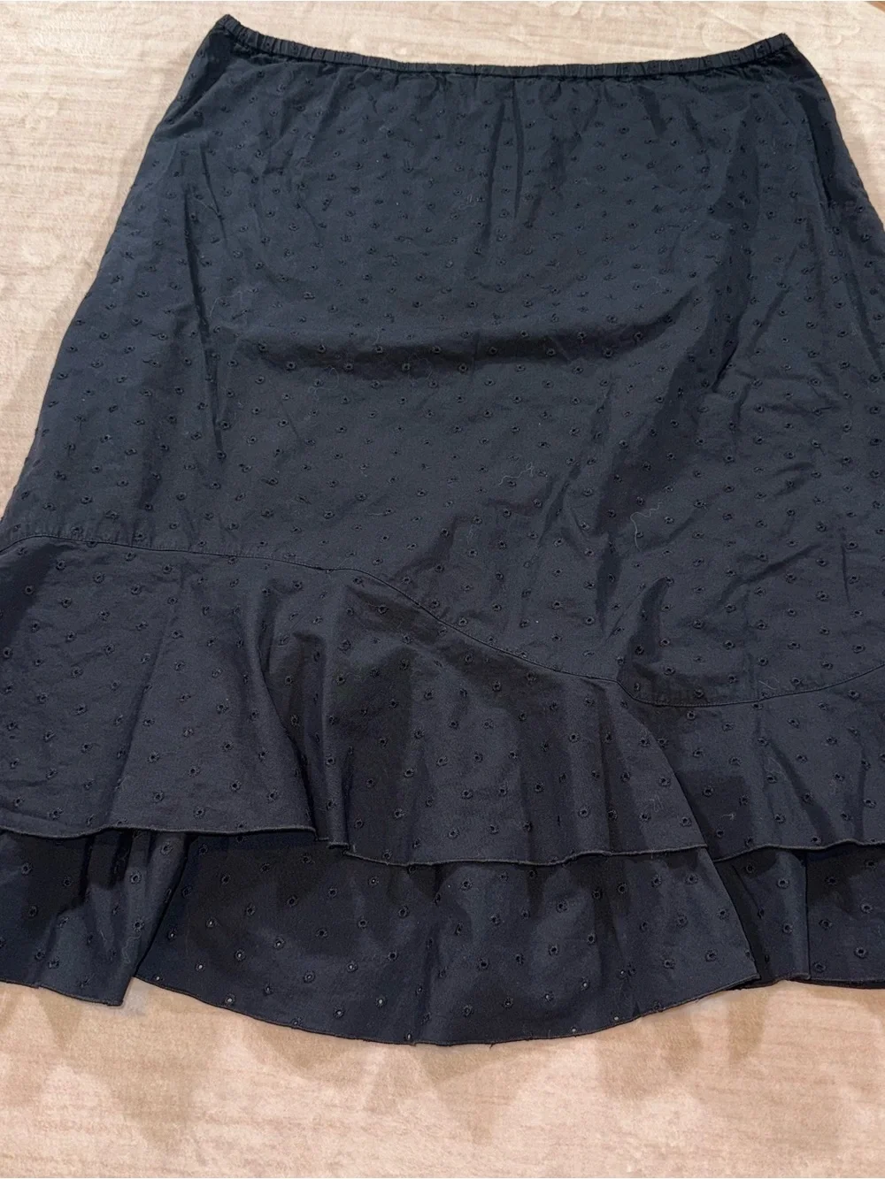 Koret Black A-Line Skirt with Floral Appliqués and Tiered Ruffle Hem